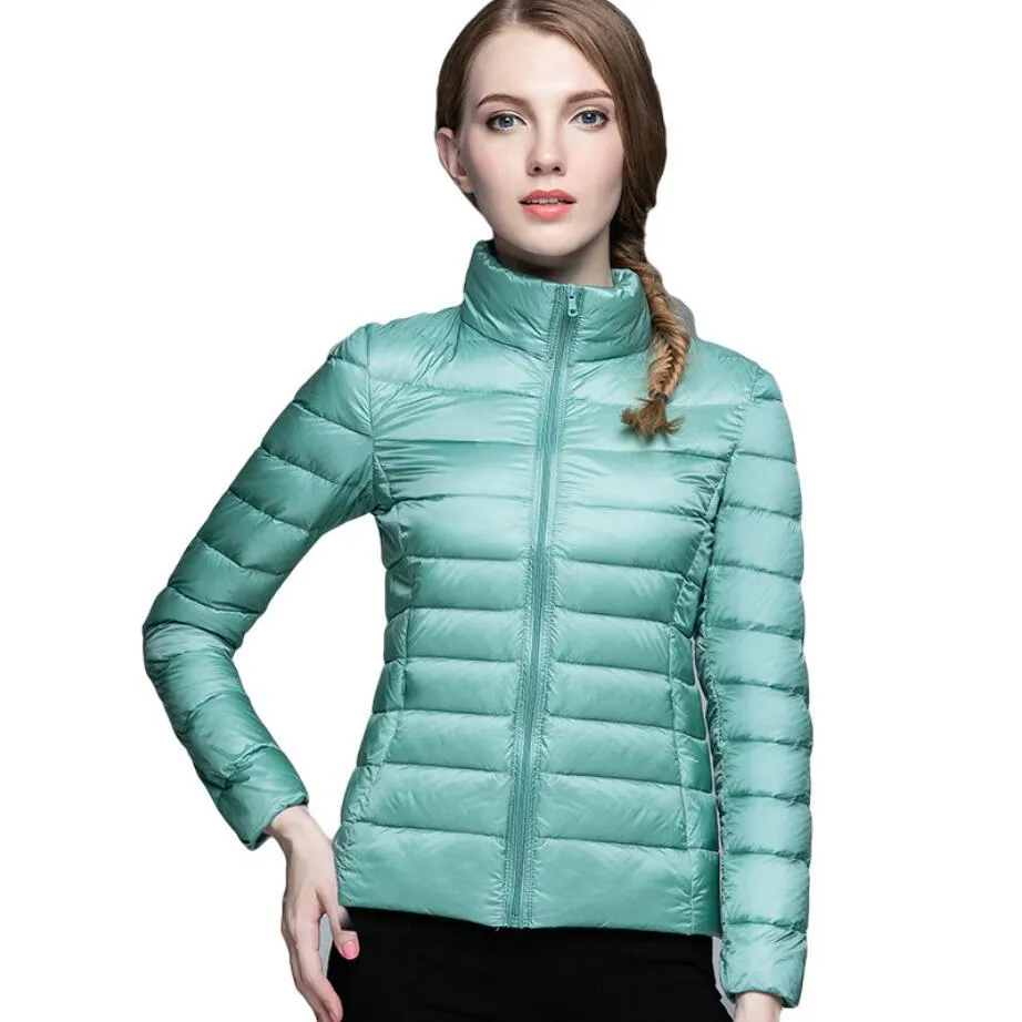 Ultra Light Winter Womens Stand Collar White Duck Down Warm Jackets For  Women 90% Density, Long Sleeve Parka In Candy Colors From Lu006, $19.02