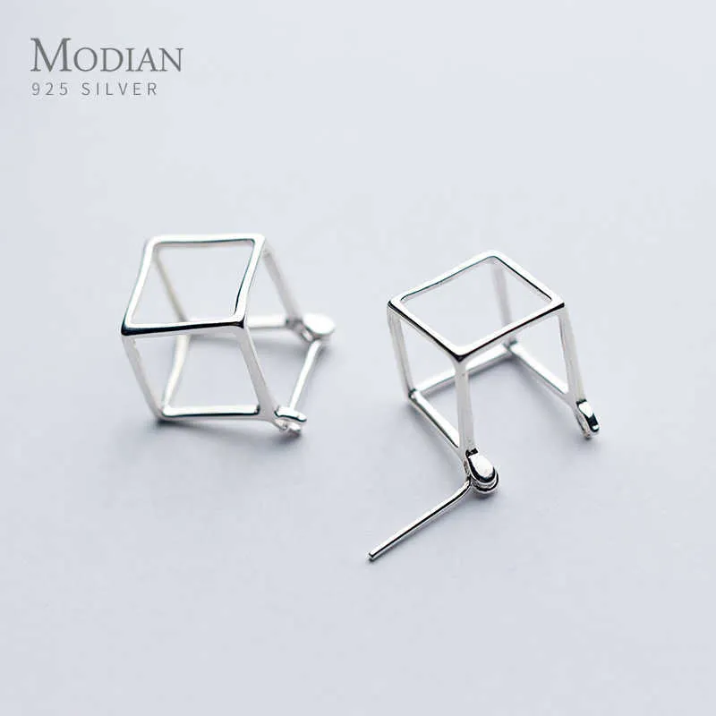 Design Geometric 3d Square Cube Stud Örhängen för kvinnor 925 Sterling Silver Stilig Minimalism Smycken Gift 210707