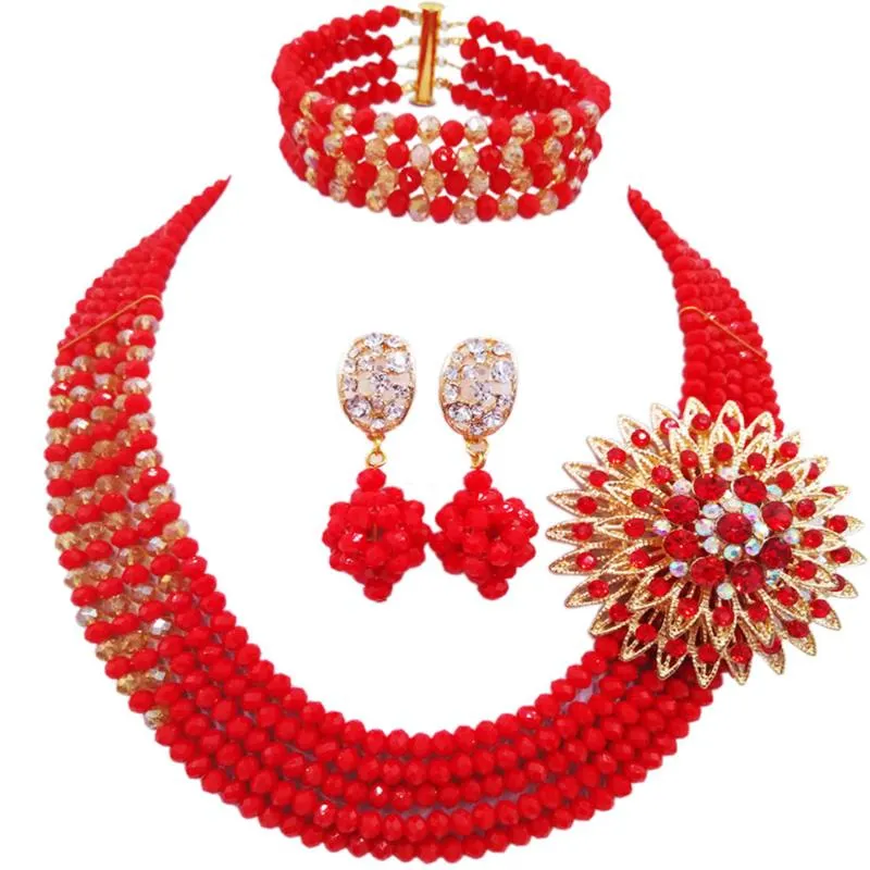 Örhängen Halsband Opaque Red Champagne Gold AB Nigerianska Bröllop African Beads Smycken Set Crystal Beaded Sets Bridal 5RJZ29