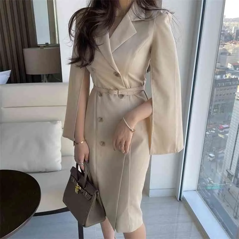 Spring Office OL Notched Collar Sexy Split Long sleeve Sheath Dresses Women With Belt Double Breasted Elegant Slim Dres 210519