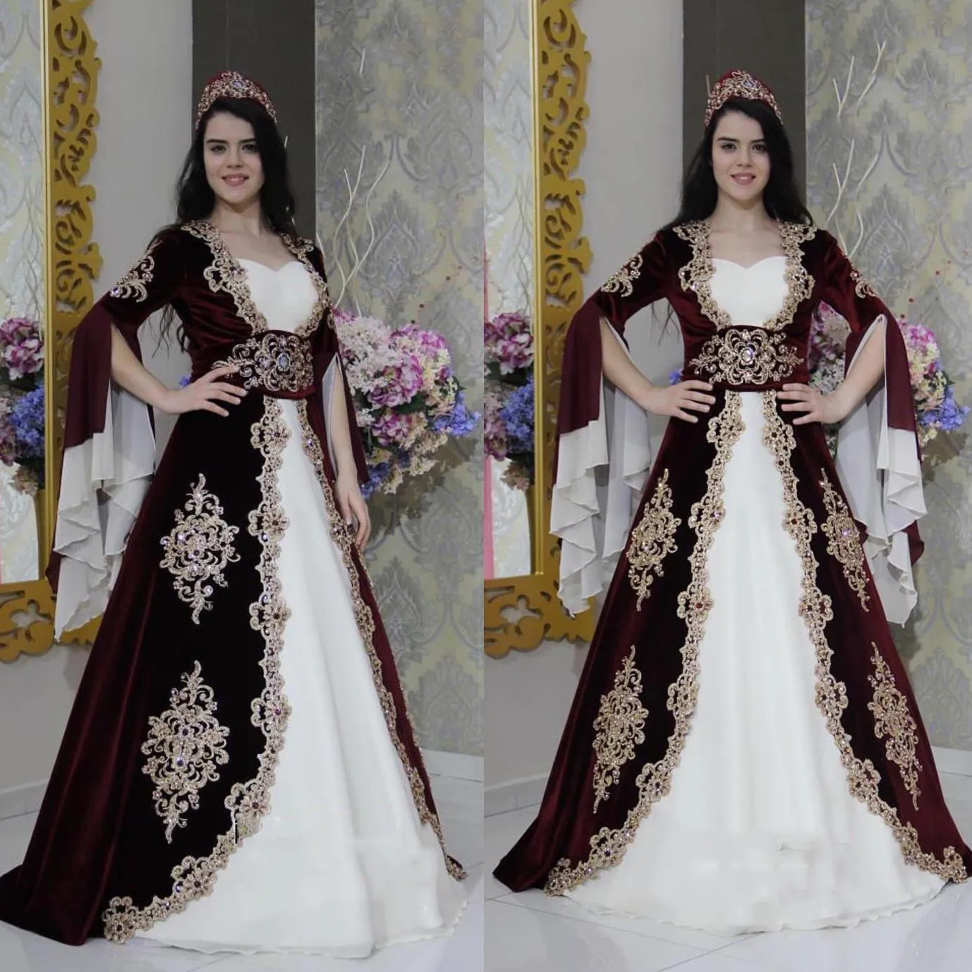 Custom Made Burgundy And White Velvet Gothic Wedding Dresses With Satin  Lace Applique, Beaded Long Sleeves, And Dubai Inspired Style Plus Size  Available From Suelee_dress, $149.14 | DHgate.Com