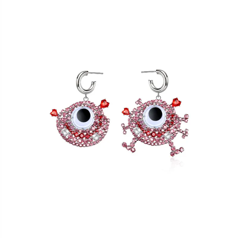 Conception drôle boucles d'oreilles asymétriques rose diamant lustre dessin animé monstre borgne personnalité mode femme bijoux accessoires