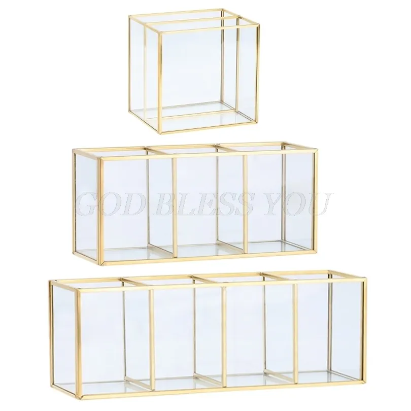 Gold Glass Makeup Brush Holder Storage Container Ring Earring Clear Decorative Pen Pencil Beauty Display 211102