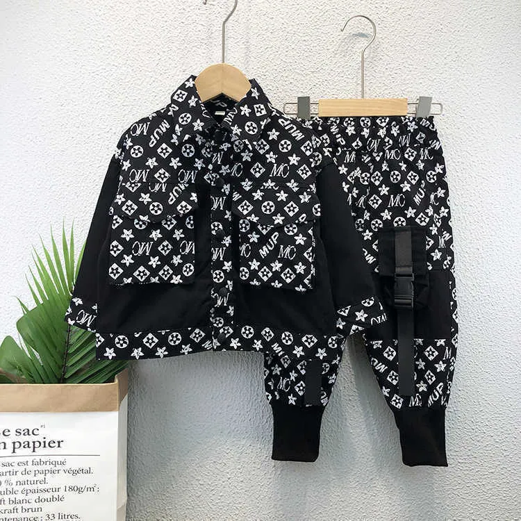 Baby Kids Boy's Cool Shirt Casaco Casaco + Calças de Dungarees Definir estudantes Crianças com Bolso Do Joelho Duas Roupas Sportswear