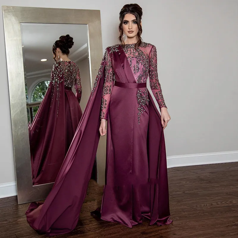 Grape Arabic Evening Dresses with Cape Long Sleeve Luxury Dubai Beaded Crystal lace Muslim kaftan middle east prom dress wear