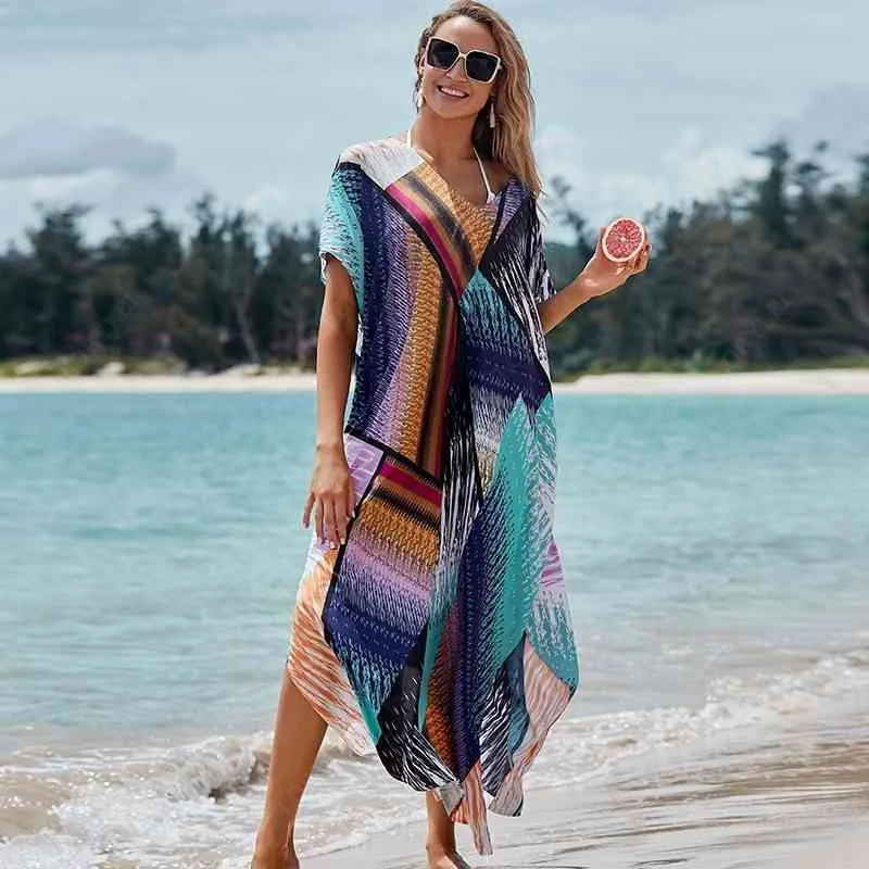 Çabuk Kuruyan Bikini Kapak-UPS Bohemian Baskı V Yaka Yaz Elbise Plaj Tunik Kadın Beachwear Kaftan Mayo Kapak Up 210319