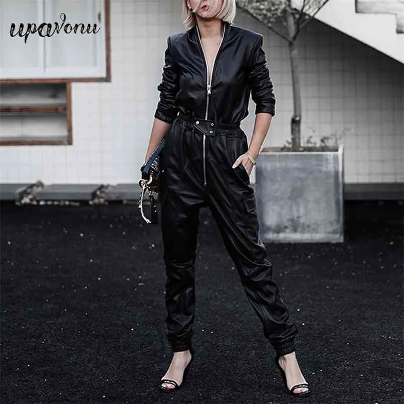 Free Fashion Black PU Faux Leather Jumpsuit Women Streetwear Stand Collar Long Sleeve Zipper 210524