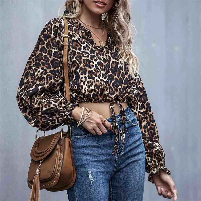 sexy luipaardprint blouse shirt dames crop top lente herfst lange mouwen kantoor tops met veters aan de voorkant 210427