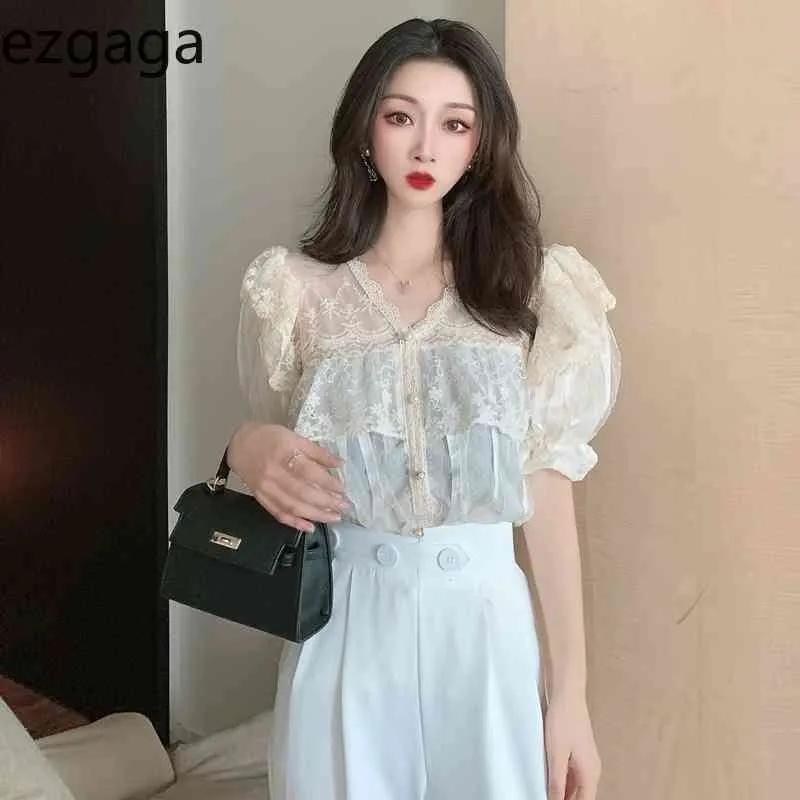 Ezgaga Koreansk Chic Kort Puff Sleeve Blus Kvinnor Lace Patchwork Floral See-Through Loose Ladies Shirts Elegant Fashion Summer 210430