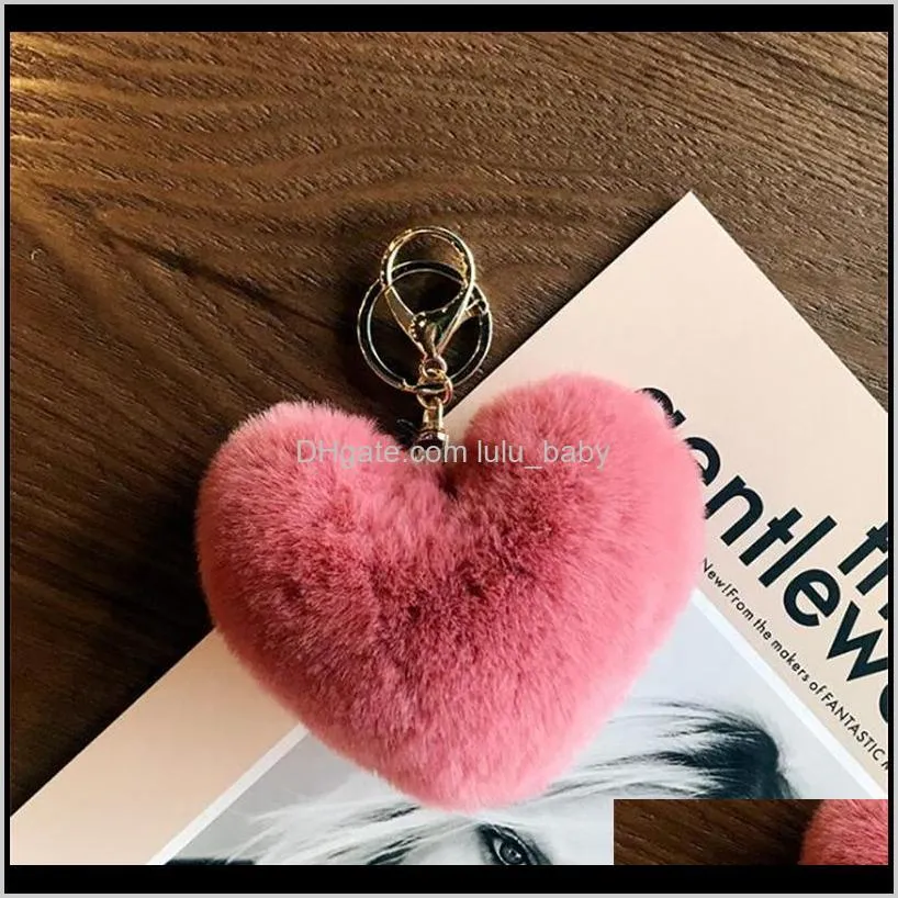 new rabbit fur heart shape keychain soft fur lovely gold metal key chains pom poms plush keychain car keyring bag earrings accessories