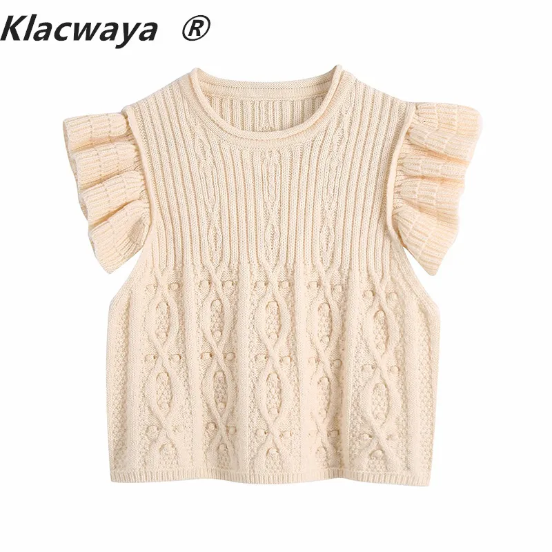 Women Fashion Bobble Appliques Cropped Knitted Vintage Ruffled Cap Sleeves Female Pullovers Chic Tops 210521