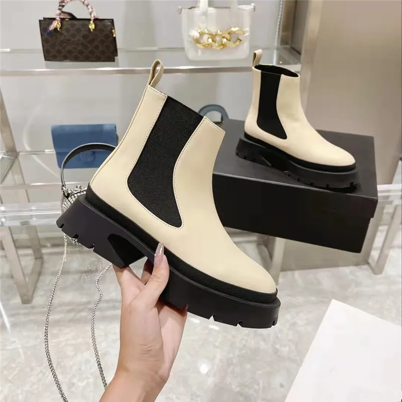 Thick Sole Chelsea Boots Woman Round Toe Slip On Short Shoes Genuine Leather Black Beige Motorcycle Boot Flat Shoe Women