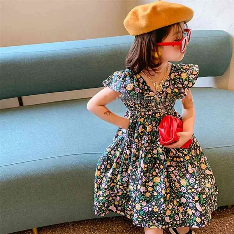 Summer Girl Floral Dress Holiday Fancy Princess Dresses For Girls Flying Sleeve Children'S Clothing Baby Kids Clothes 210625
