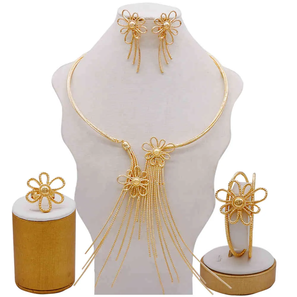 Fine 24K Gold Color Dubai Наборы ювелирных изделий для женщин Африканская вечеринка Свадебные подарки Ожерелье Браслет Серьги Кольцо Ювелирные изделия