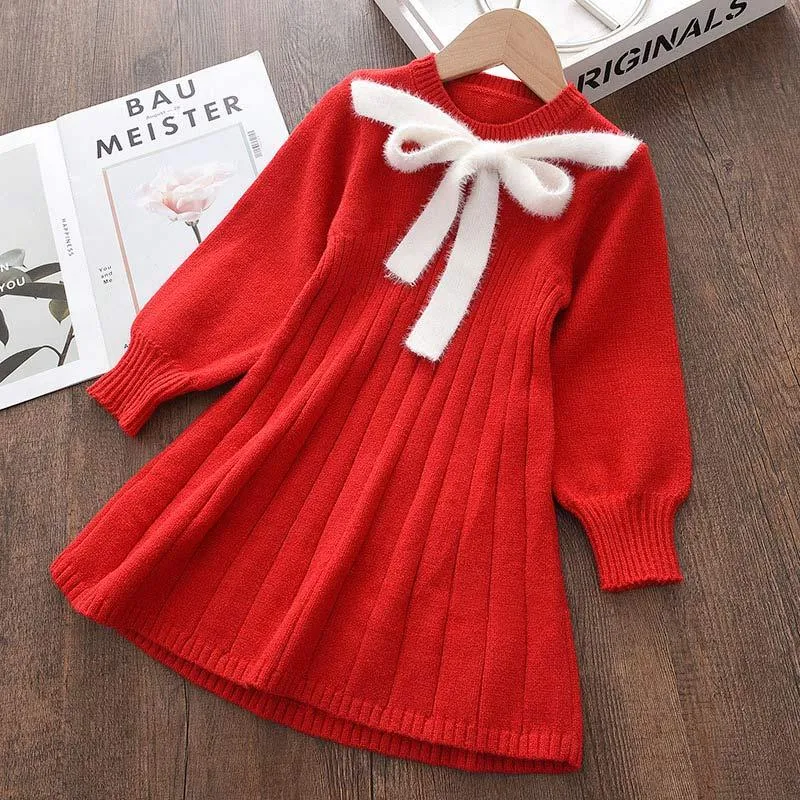 Vestidos de niña, vestido rojo de Navidad para niñas, moda de invierno 2021, ropa de punto para niños, suéteres informales con lazo de princesa, Vestidos para niños, ropa