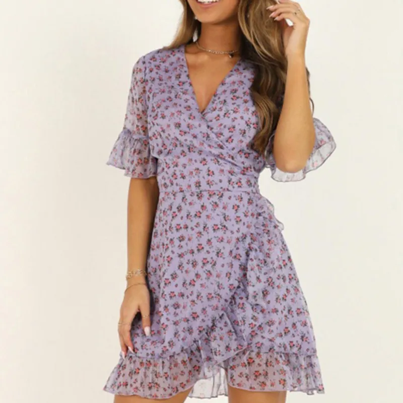 Women's Lilac Wrap dress Summer Elegant Flare Sleeve Bohemian Print Mini Dress Sexy V-neck Lady dress 210419