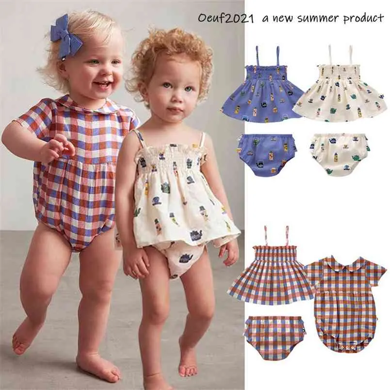Ss arrivals oeuf baby meisje zomer kleding sets play pakken peuter leuke merk design sling t-shirt en bloeiers 210619