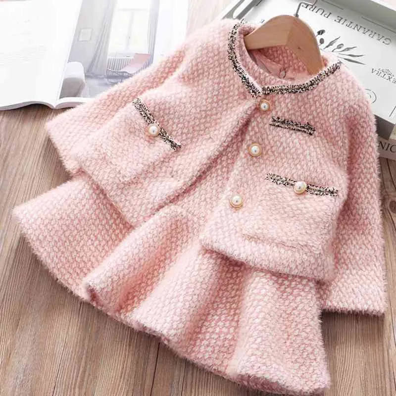 Girl Winter Passar Kid's Warm Kläder Barn Prinsessan Klänning + Coat 2 Piece Sets 1-3-6Years Baby Outfits för Kids Girls 210529