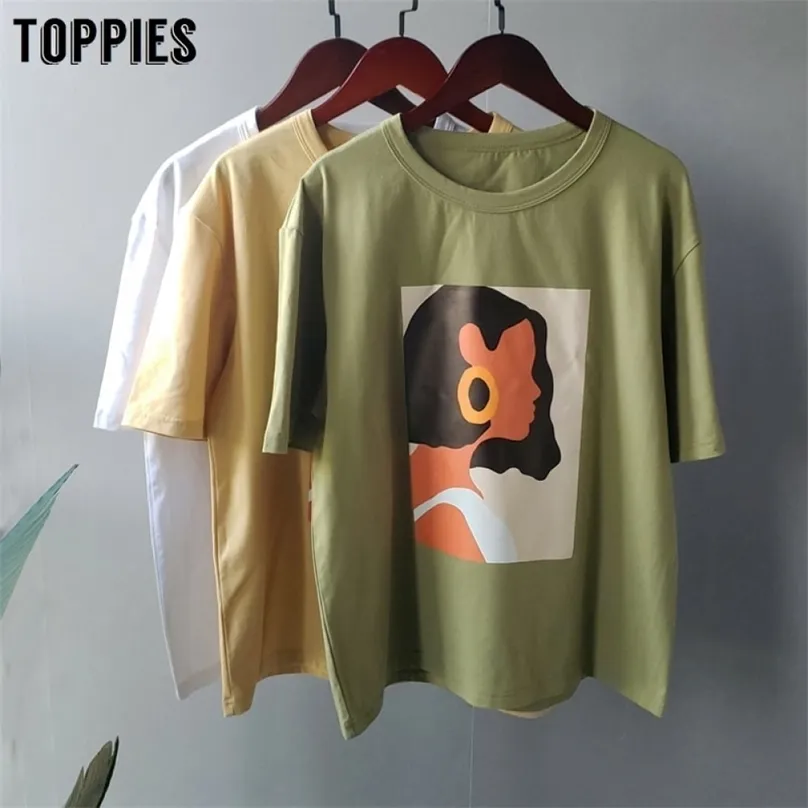 Toppies Summer Caractère T-shirts Mode Filles Tops Manches courtes Impression Femmes coréennes Vêtements 95% coton 210720