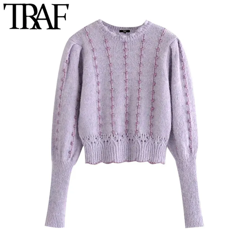 TRAF Women Fashion With Metallic Thread Cropped Knitted Sweater Vintage High Neck Long Sleeve Female Pullovers Chic Top 210415