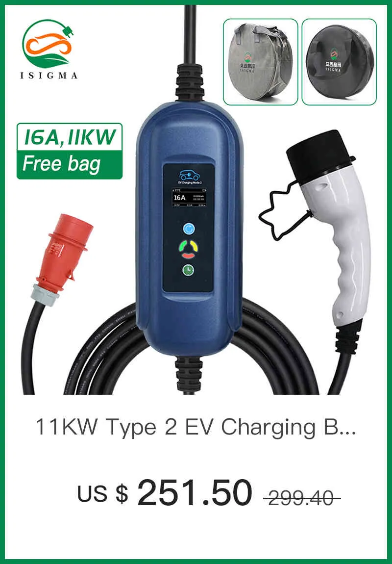 Portable 11kW Type 2 to CEE 3phase EV Charger 8A/10A/13A/16A