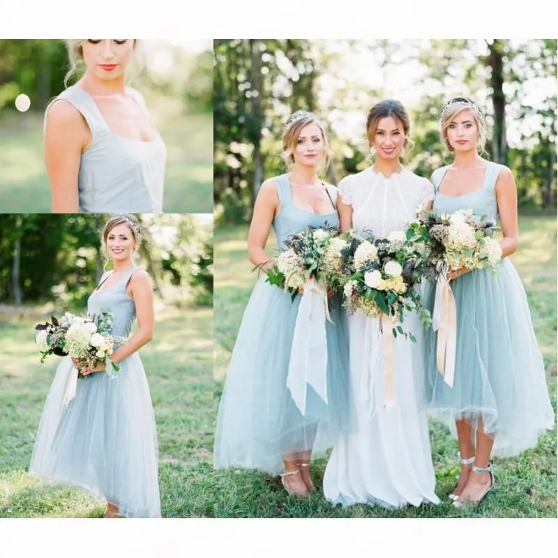 Ice Blue Bridesmaid Dresses With Straps Tulle A Line High Low Custom Made Beaded Country Wedding Maid Of Honor Gown Formal Party Wear Vestidos 403 403