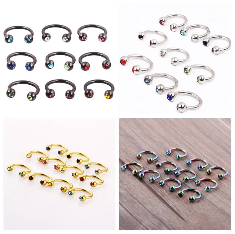 Studs juvelkristuds guld sier regnbåge svart hästsko ringar ring 8mm 12g kropp smycken piercing tragus örhänge näsa septum droppleverans 202