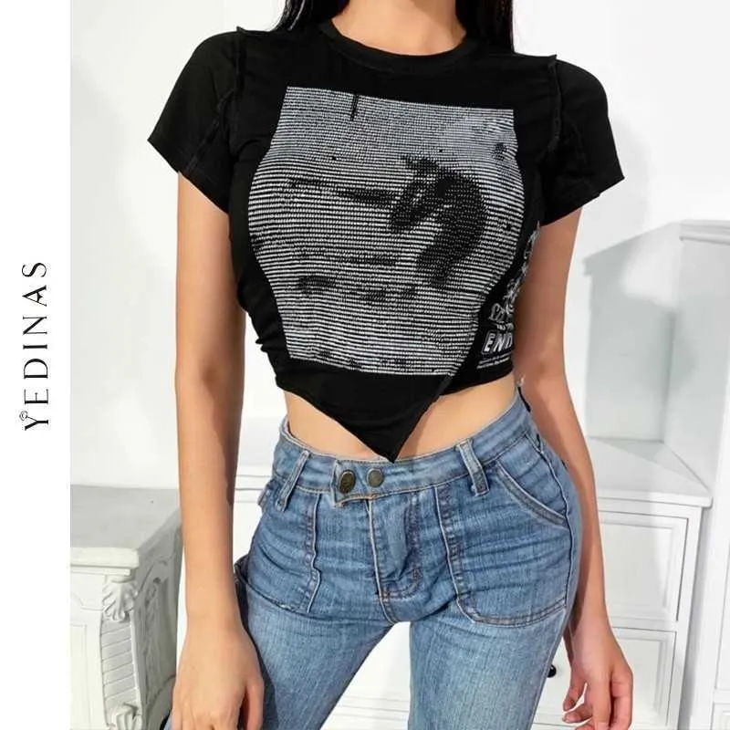 Yedinas Zomer T-shirt Womens Casual Brief Print T-shirts Slanke Korte Mouw Crop Top T-shirt Sexy Streetwear Onregelmatig Chic Tee 210527