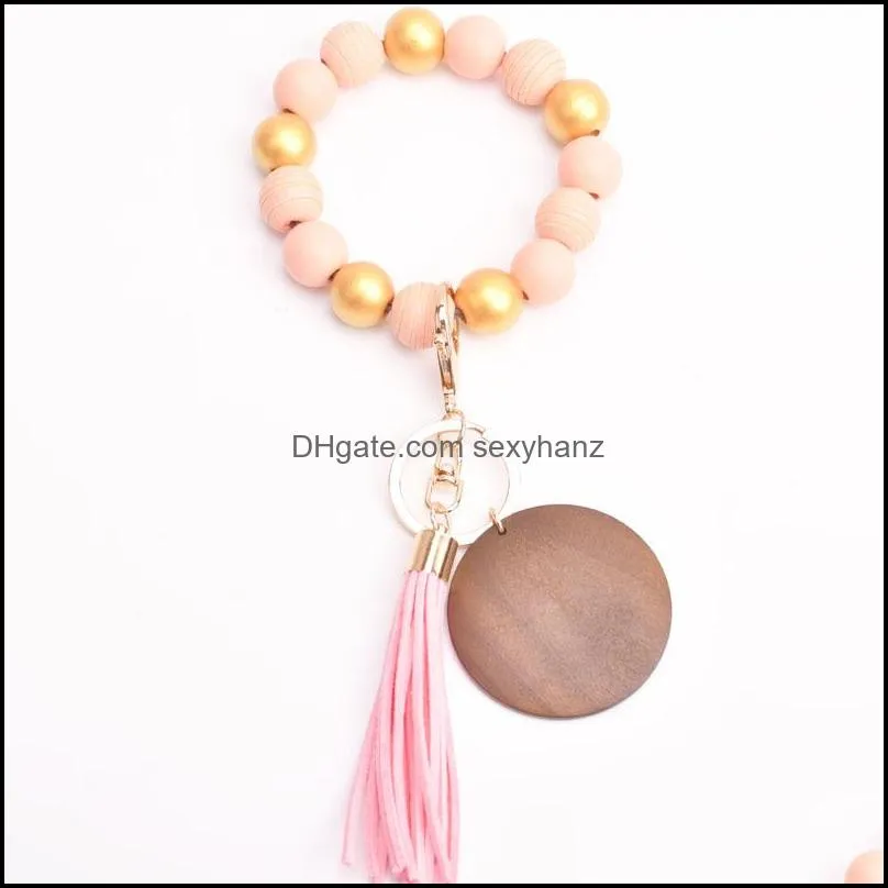 Colorful Wooden Bead Keychain Fashion Personalized Tassel Bracelet Key Ring for Women 17 Colors GWE11312