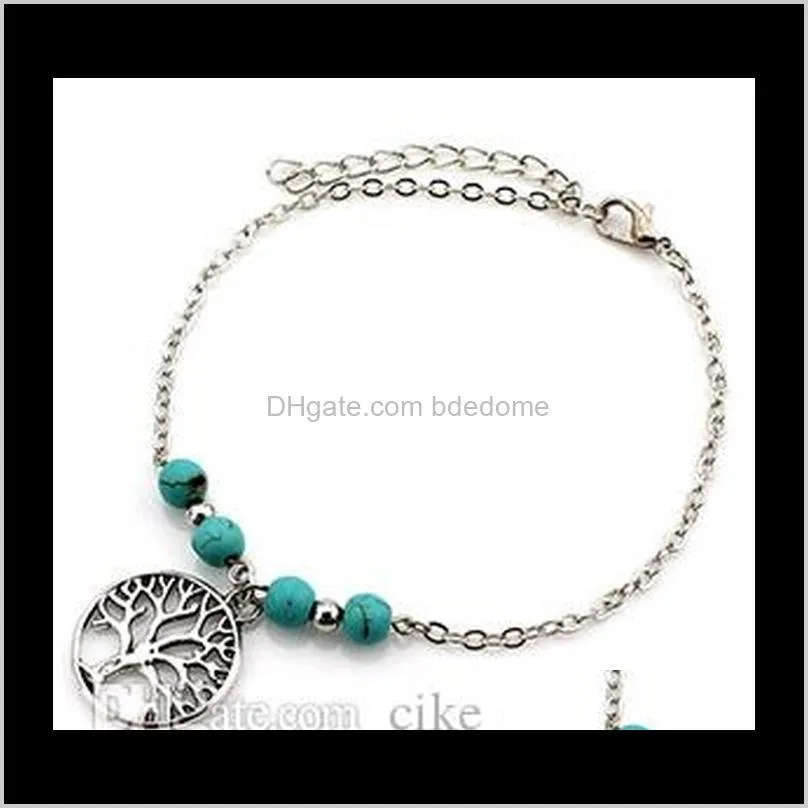 charm anklet hand tree cross round pendant blue bead silver color plated metal chain for women foot anklet gilft