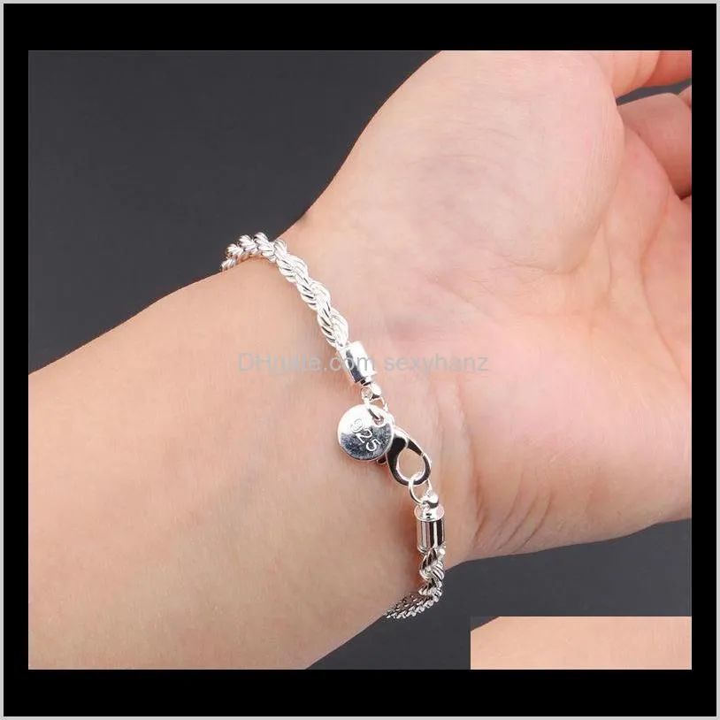 4mm 925 silver plated twist rope chain bracelets for women men wedding party bracelet european charms bracelets fit murano beads