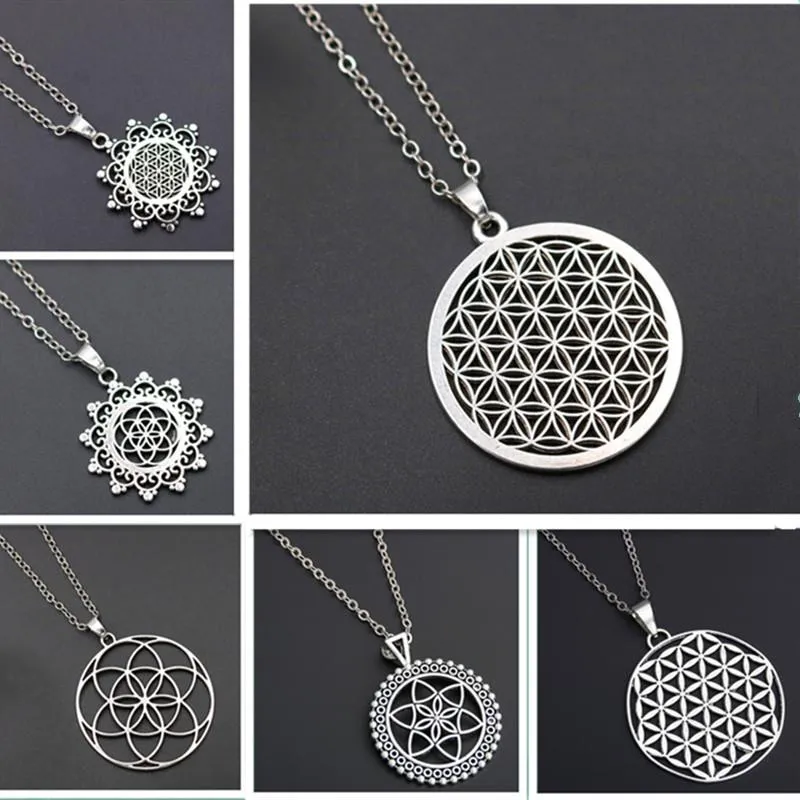 Hängsmycke Halsband Flower of Life Charms Mandala Merba Spirit Digital Secret Charm Fashion Sport Yoga DIY Metal Necklace 1pcs