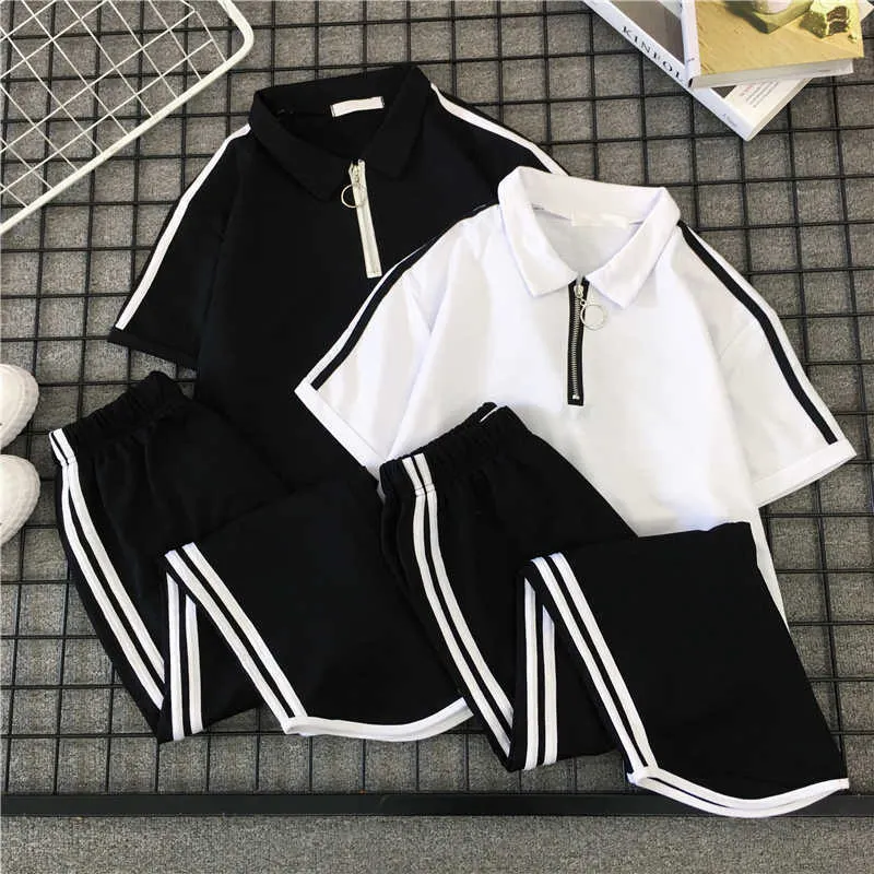 2 sztuk Zestaw Kobiet Striped Casual Streetwear Zipper Sport Dres Women Tops T-Shirt + Spodnie Harajuku Kobiety Dwa kawałki Y0625