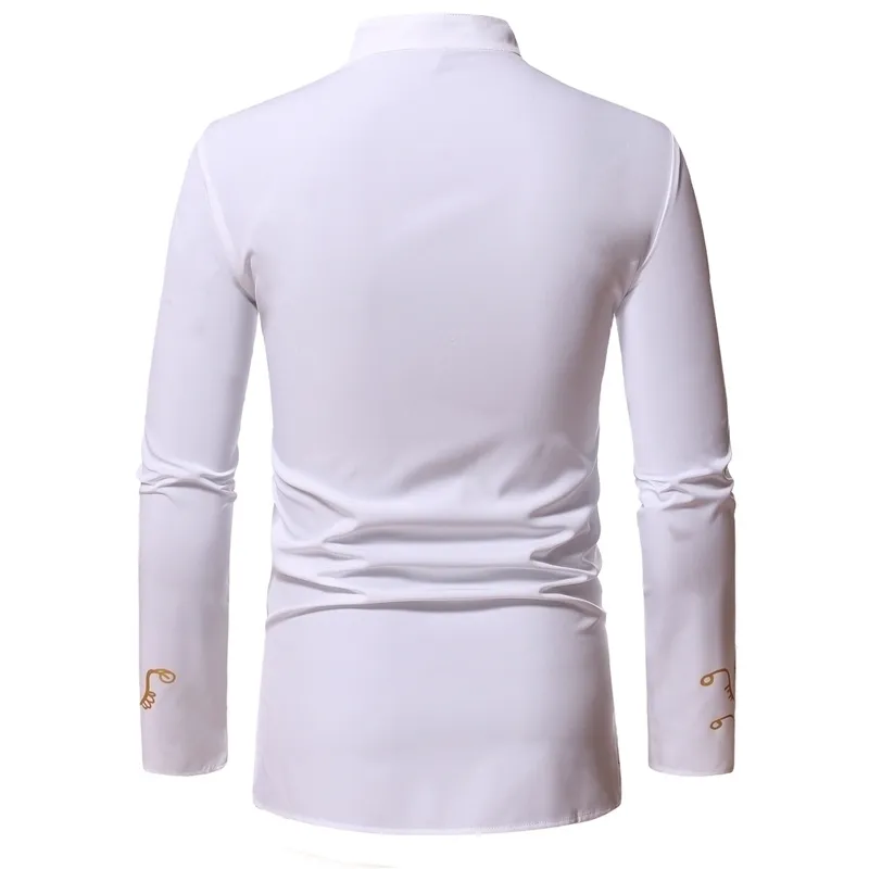 Metallic Gold Print African Man Clothing Agbada Kaftan Attire White Wedding Mens Dress Shirts Nehru Collar Dashiki Shirt 210522