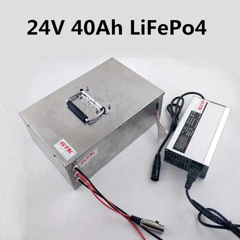 Batterie rechargeable Lifepo4 24V 40Ah pour chariot de golf scooter UPS système de stockage solaire réverbère + chargeur 5A