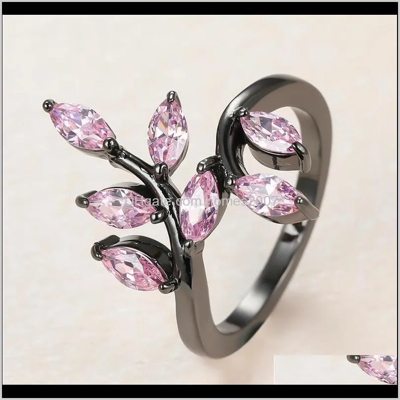 dainty female pink crystal stone ring luxury 14kt black gold wedding rings for women charm bride leaf zircon engagement