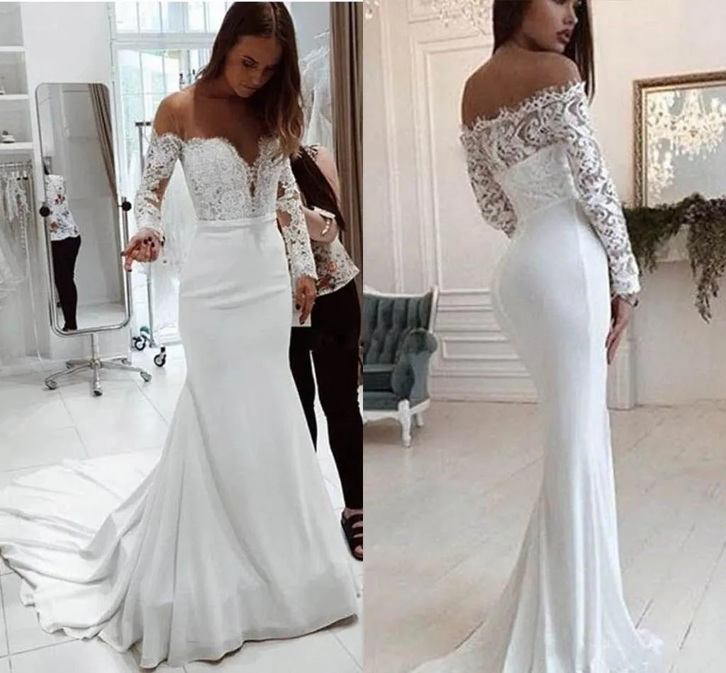 2021 Modest Nya Lace Appliques Mermaid Bröllopsklänningar Av Axel Sheer Bateau Neckline Se igenom Knapp Tillbaka Billiga Bridal Gown