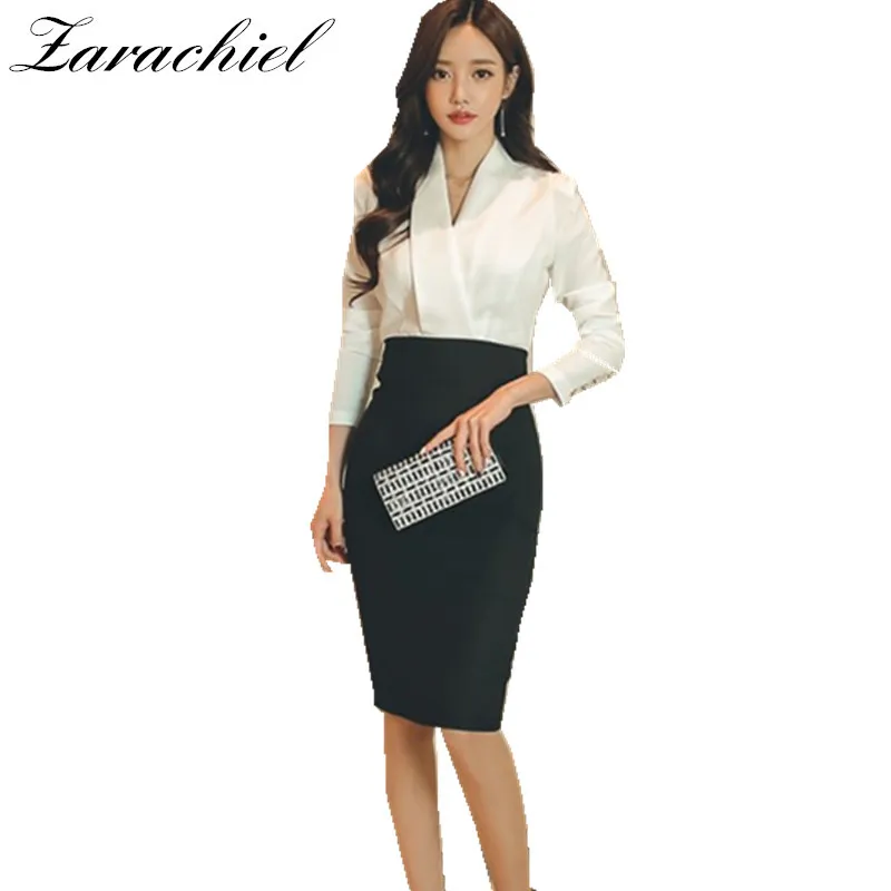 Herfst vrouwen formele werk slijtage jurk elegant zwart wit patchwork sexy v-hals slank pakket hip bodycon jurken 210416