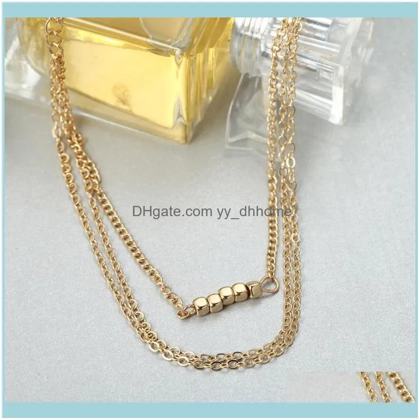 Link, Chain Square Bead Charm Bracelet Three Layer Bangle Woman Gold Color Wedding Party Xmas Gift