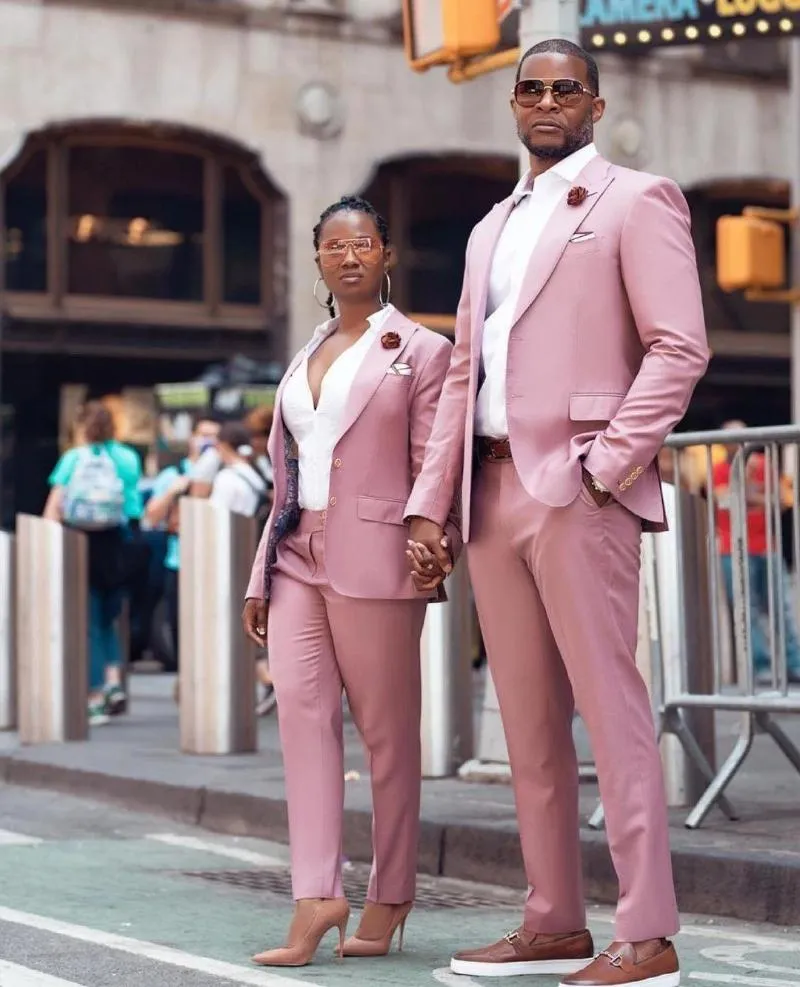 Men's Suits & Blazers 2021 Couples Costume Mariage Homme Pink Men 2 Pcs Groom Prom Wedding Blazer (Jacket+Pants) Terno Masculino Slim Fit