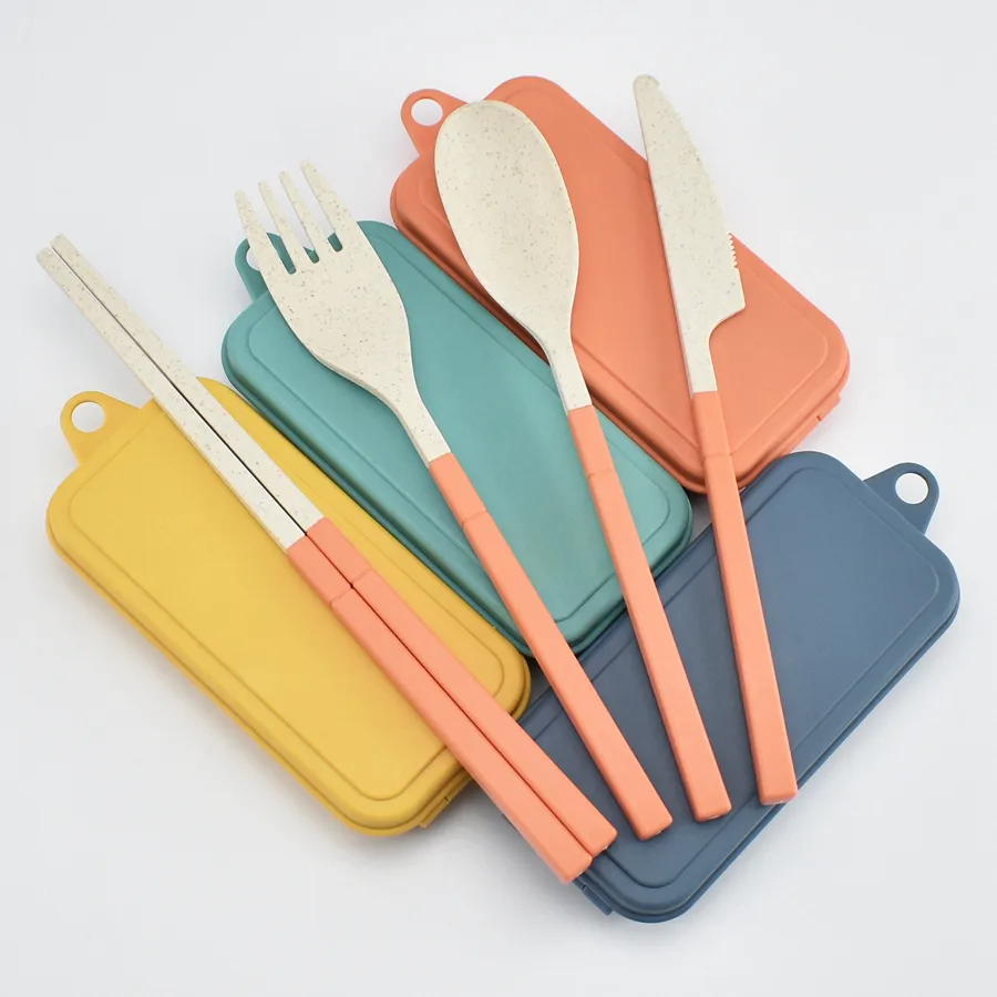 Tarwe Straw Opvouwbare bestek Set Kinderen Mes Vork Lepel ChopSticks Draagbare servieskits Stateset voor Reizen Camping RRA4616