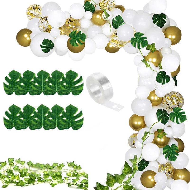 Blanc Or Ballon Graland Kit Jungle Thème Fête Ballons Feuilles Vert Feuille De Lierre Guirlande Vignes Décoration pour Anniversaire De Mariage 210626