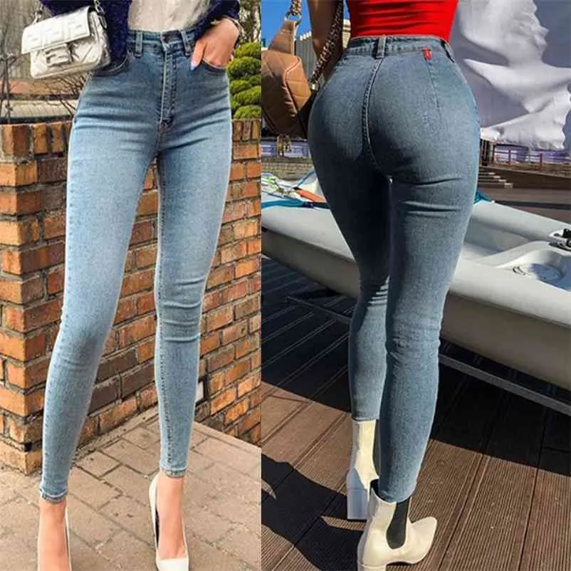 Vår Höst Kvinnors Jeans Hög midja Stretch Skinny Denim Byxor Vintage Blå Tvättade Elastiska Slim Wrap Hip Pencil Trousers 210629