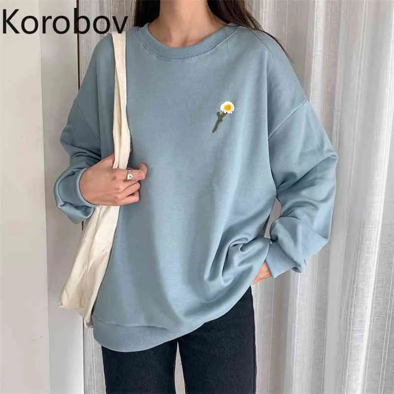 Korobov New Chic O Collo Manica Lunga Donna Felpe Coreano Streetwear Fiore Ricamo Femminile Felpe Casual Outwear Top 210430