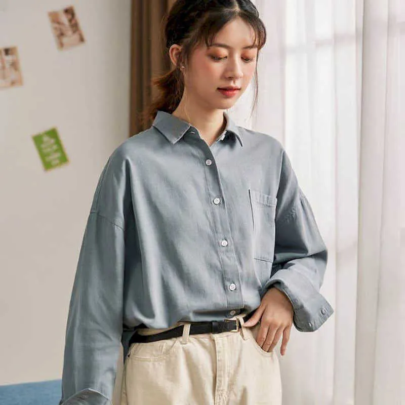 Kvinnor Blus T-shirt Solid Koreansk stil Långärmad Lös Vit Ladies Skjorta Retro Hong Kong Flavour Topp Vår Höstkläder 210526