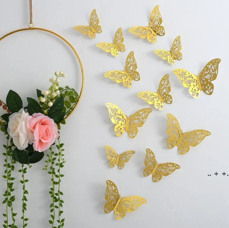Autocollants muraux décalcomanie 3D papillon creux 12 pièces/pièces autocollant bureau maison garçon fille chambres anniversaire fête de mariage décoration RRB11637