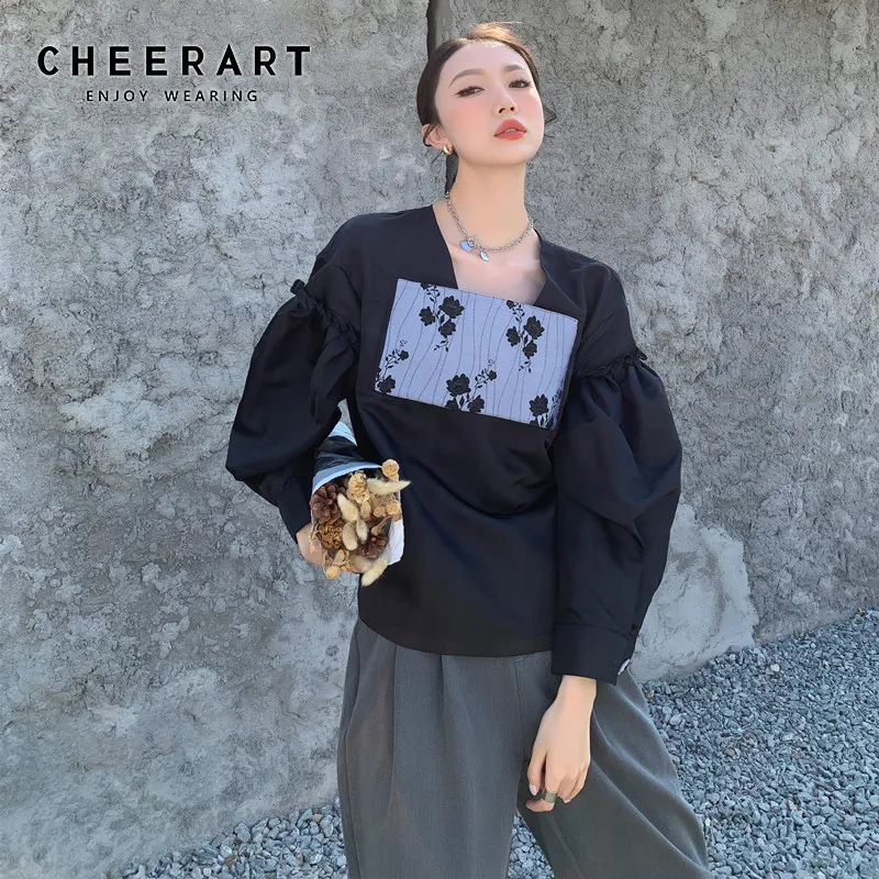 Жаккардовый фонарный рукав старинные блузки женщины длинные квадратные шеи пэчворки дам топ японская одежда 210427