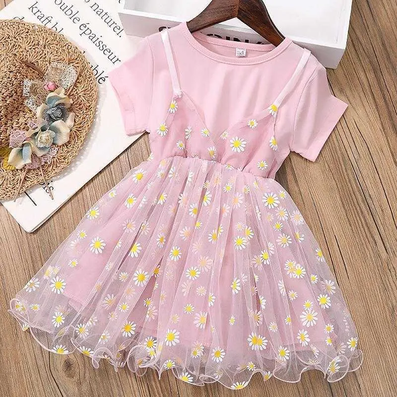 2021 Girls Autumn Dress New Short Sleeve Spring Baby Little Daisy Fashion Net Yarn Princess Dress Baby Girl Clothes Prom Dresses Q0716