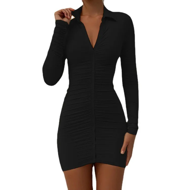 Kobiety Party Dresses Z Długim Rękawem Vintage Bodycon Single-Breasted Po prostu Ruched Sexy Mini Dress