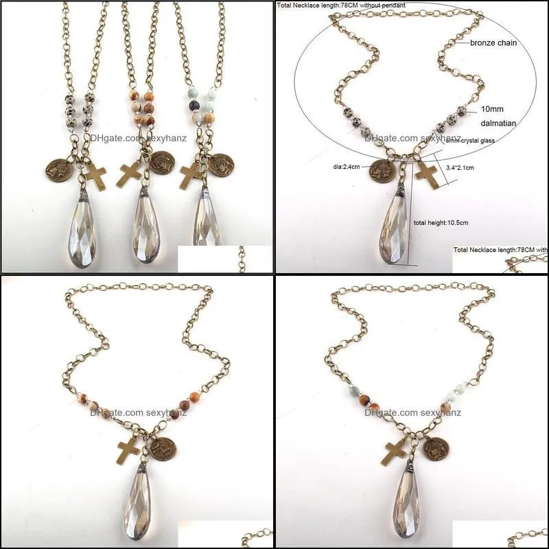 New Styles Fashion Jewelry Natural Stone Long Chain Glass Drop Pendant Necklaces For Women Ethnic Necklace Dropship